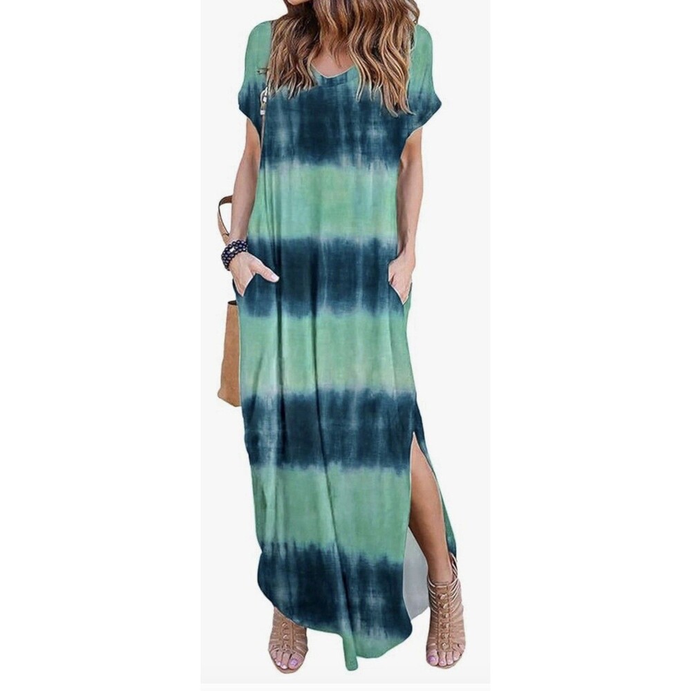 Women’s HUSKARY Maxi Dress L Blue Green Short Sleeve Pockets  Casual Beach Comfy